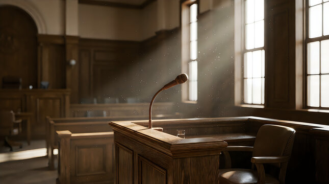 Empty courtroom interior featuring a witness stand and wooden judge bench illuminated by dramatic light rays coming through tall courtroom interior litigation