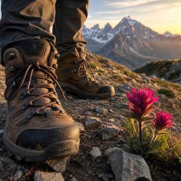 Hiker wearing brown leather hiking boots standing near wildflowers during golden hour in the rugged alpine mountain terrain with mountains adventure wildflowers