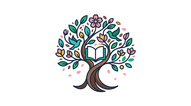 Creative illustration of a colorful tree with an open book in its branches.