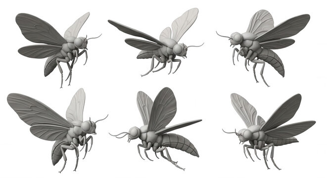 gray insect models in flight white background animation cgi or illustration