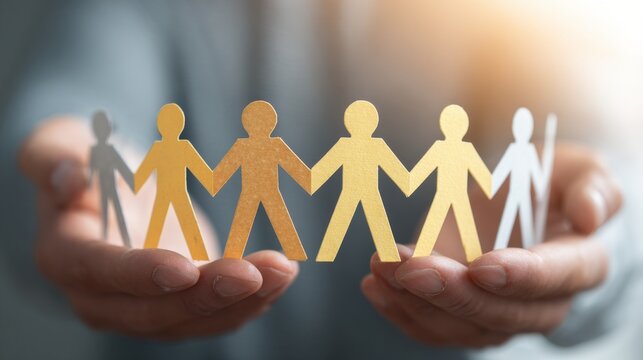 Hands holding a chain of yellow and white paper figures. Unity and teamwork concept.