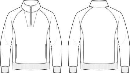 Quarter zip sweatshirt tech pack technical sketch vector illustration with front and back views for apparel design © urmilarani