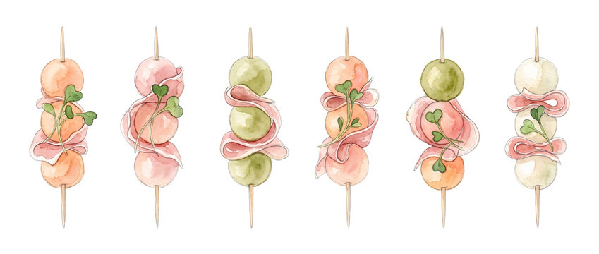 Prosciutto melon skewers watercolor illustration of gourmet Italian appetizers, melon balls wrapped in parma ham on toothpicks for catering party menu, isolated on black background watercolor art.