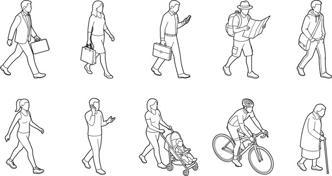 Set of diverse isometric people walking, cycling, and commuting for urban architectural visualization and site planning