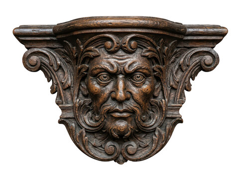 Ornate wooden corbel with carved man face isolated on transparent background. Decorative support bracket for interior.