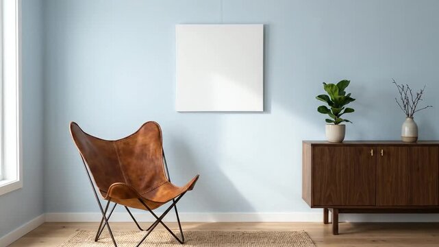 Minimalist Living Room Interior With Blank Wall Poster And Leather Chair