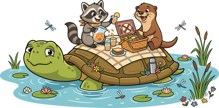 Cute Woodland Animals Picnic on Giant Turtle Cartoon Vector Illustration