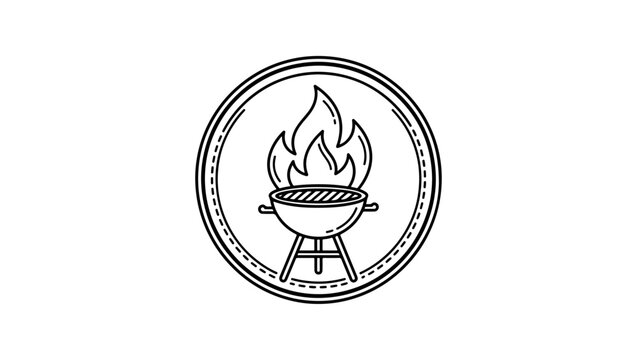 BBQ grill badge logo with flames, black and white vector line art, isolated on white background minimalist black and white vector line art, vintage badge style, monochrome, isolated on white backgroun
