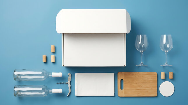 Overhead view of a wine tasting subscription box with accessories arranged on a blue background including wine bottles corks wine glasses a cutting board and a box