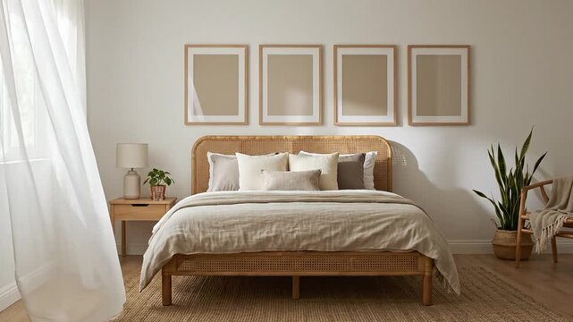 Modern boho bedroom interior with rattan bed and four blank picture frames mockup