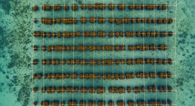 Aerial view of a sprawling marine aquaculture farm with organized rows of underwater cultivation systems in clear blue-green ocean waters.