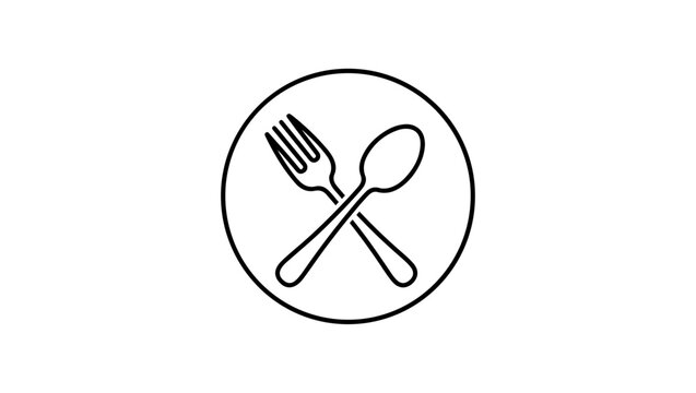 Fork and spoon crossed inside circular restaurant emblem, monochrome vector line art, isolated on white background minimalist black and white vector line art, isolated on white background, SVG vector