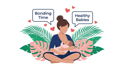 Fototapeta premium Mother breastfeeding baby with tropical leaves and bonding message bubbles