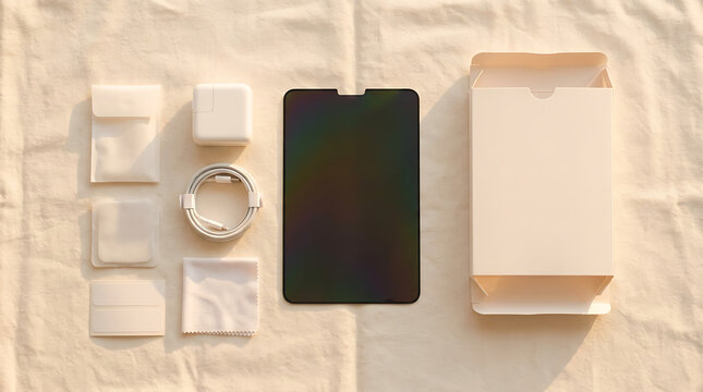 Unboxing New Smartphone Screen Protector and Accessories with Charging Cable and Cleaning Cloth Laid Out Flat on Neutral Fabric Surface