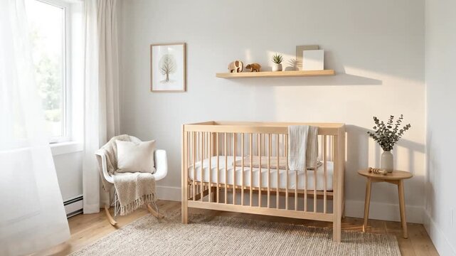 Scandinavian Modern Nursery Room with Wooden Crib and Rocking Chair