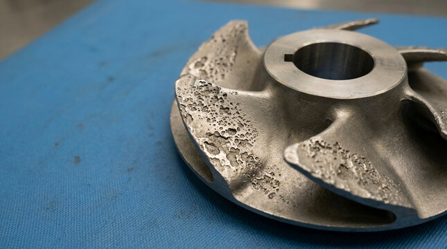 Industrial pump impeller showing severe cavitation pitting