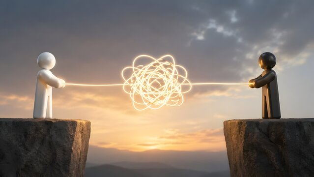 Conflict resolution negotiation concept featuring two figures pulling glowing tangled rope on opposite cliffs over sunset sky background