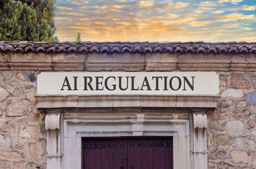Fototapeta premium AI regulation symbol. Concept words AI artificial intelligence regulation on beautiful sign plate. Beautiful stone wall background. Business AI artificial intelligence regulation concept. Copy space