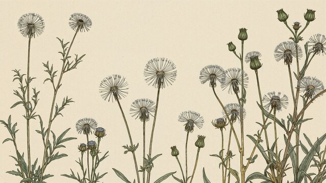 Dandelions in seed stage with stems and leaves, botanical illustration.