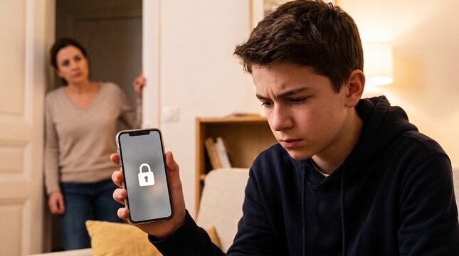 A frustrated teenage boy holds a smartphone with a lock icon on the screen while his concerned mother watches him from the background.