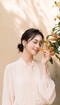 金木犀の香りを楽しむ若いアジア人女性の秋の美容イメージ