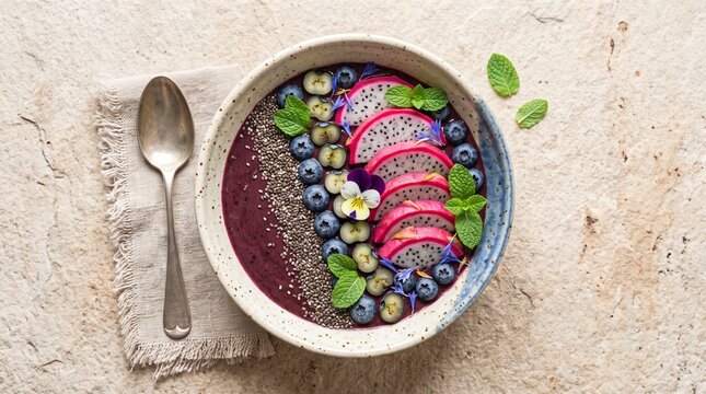 Healthy and Delicious Dragon Fruit and Berry Smoothie Bowl with Chia Seeds and Mint