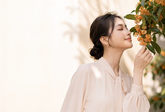 金木犀の香りを楽しむ若いアジア人女性の秋の美容イメージ