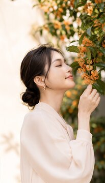 金木犀の香りを楽しむ若いアジア人女性の秋の美容イメージ