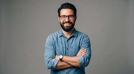 Obraz premium Smiling confident man with glasses standing arms crossed on gray background