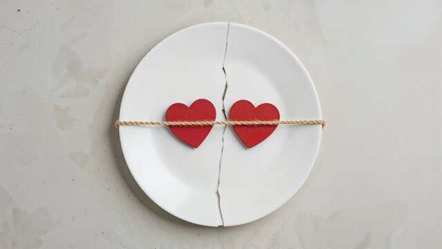 A plate with a crack and two red hearts tied together with string. Romantic and love concept. Heartbreak and connection themes. Love and emotional bond imagery.