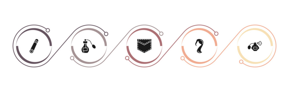filled woman clothing icons set - perdible pin, parfume, pocket, female long black hair. editable vector for web and mobile ui