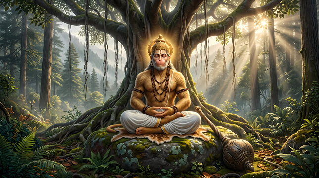 Lord Hanuman with Glowing Golden Aura Meditating in a Mystical Forest, Hindu Spiritual Artwork