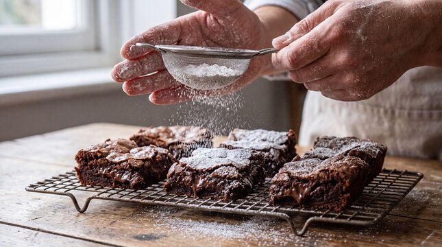 Baker Hands Dusting Powdered Sugar Over Fresh Chocolate Brownies