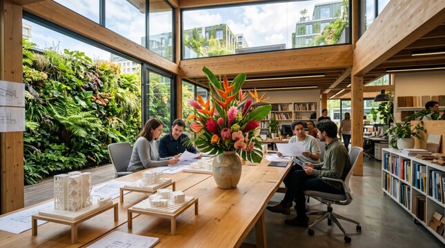 Modern Office Team Discussing Architectural Design Models
