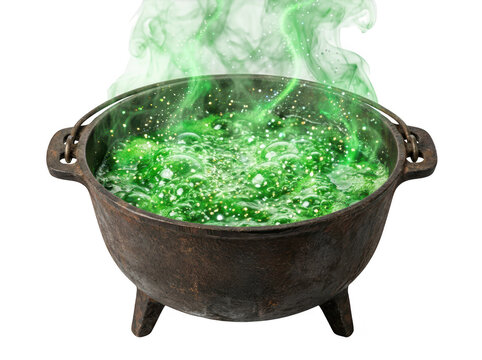 Witch cauldron with bubbling green magic potion isolated on transparent background. Halloween witch craft concept.