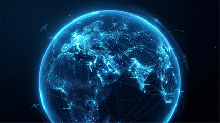Digital Earth Globe with Glowing Network Connections and Satellite Data Orbit © Shamim