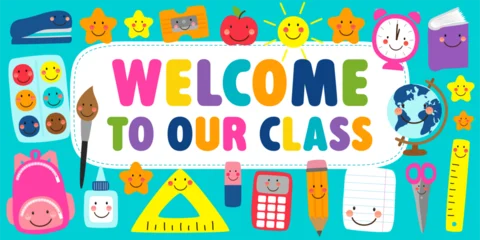 Colorful Welcome To Our Class classroom banner featuring cute kawaii school supplies, smiling stars and learning tools. Bright printable classroom decor for preschool, kindergarten classroom decor © C Design Studio