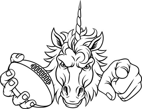 Unicorn horse stallion American football angry sports team mascot holding a ball.