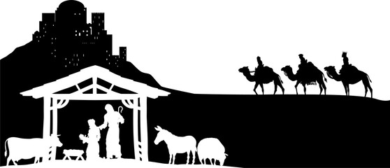 Obraz premium A Christmas nativity scene with baby Jesus in the manger, wise men and city of Bethlehem in the background
