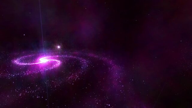 Purple spiral galaxy rotating in deep space