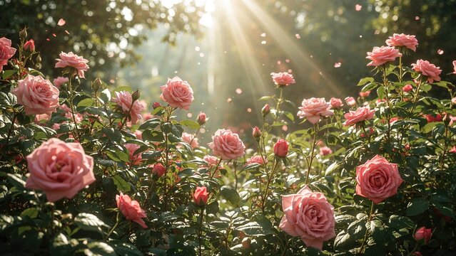 A field of pink roses illuminated by sunlight through trees with a warm glow and floating petals.
