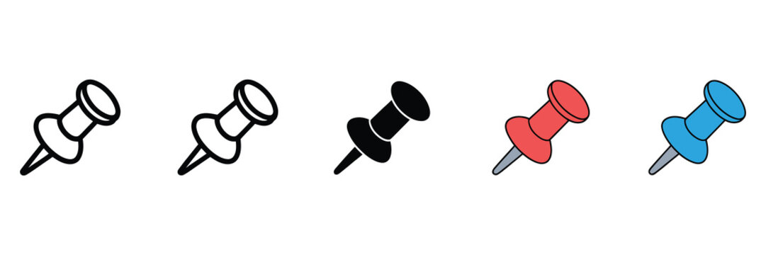 Pushpin Icon, Pin Symbol, Pinned Item Sign Featuring Simple Pictogram for Document Attachment, Bookmark, Notice Board, Office Organization and Vector Illustration.