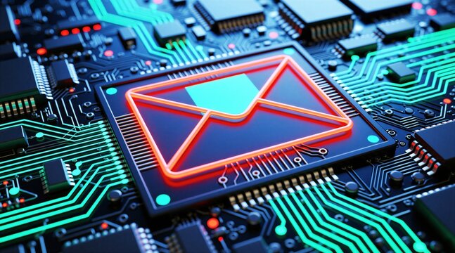 Glowing red envelope symbol on modern computer circuit board. Digital processor chip features email icon representing online communication security. Neon lines show data flow in electronic hardware