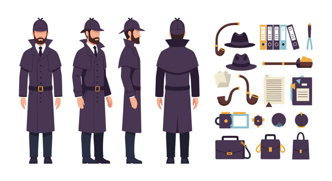 Detective character wearing a purple trench coat and deerstalker hat shown from multiple views with forensic investigation tools.
