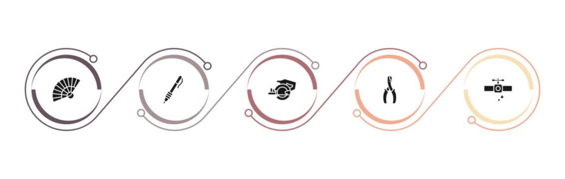 filled tools and utensils icons set - tessen fan, writing tools, power saw, wire cutter. editable vector for web and mobile ui