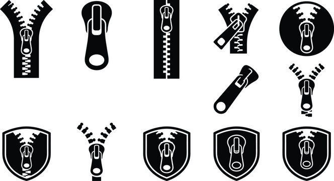 Clothing zipper closure and garment fastener slider vector glyph icons set for tailor workshop fashion branding