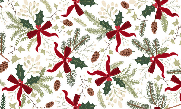Festive Holly And Ribbon Pattern.