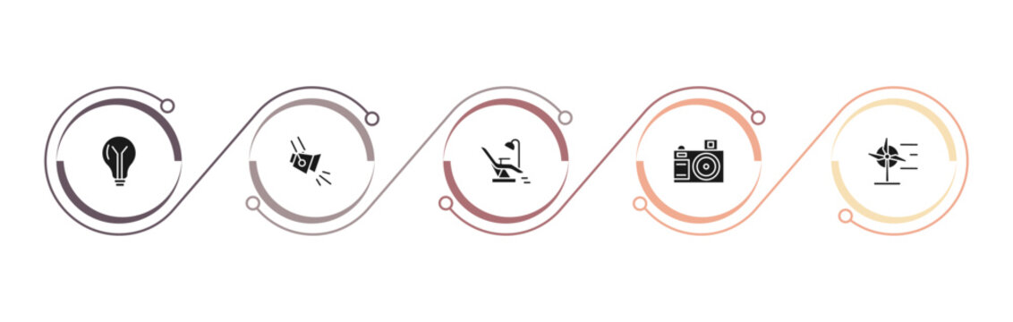 filled technology icons set - bulb, spotlights, operating table, camera front view. editable vector for web and mobile ui