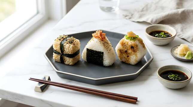 Three Delicious Onigiri Rice Balls With Toppings Arranged On A Modern Gray Plate With Soy Sauce And Wasabi On A Table Near A Window