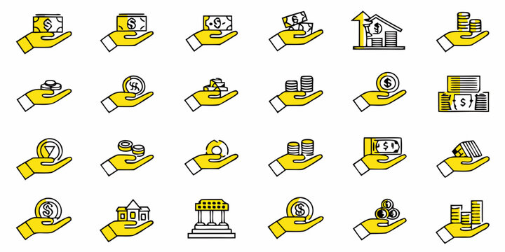 Hand Holding Money Icons Yellow Line Art On White Background